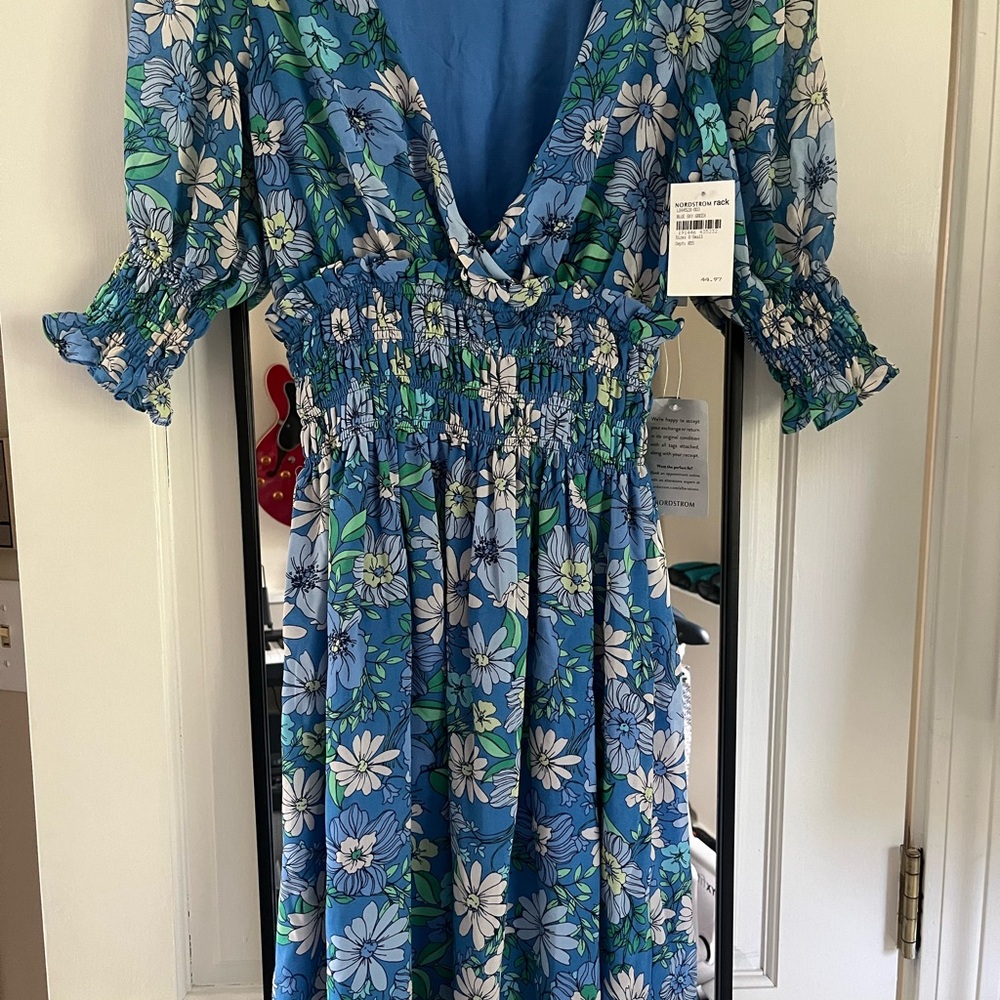 Lush Blue Wrap Midi Dress with Puff Sleeves